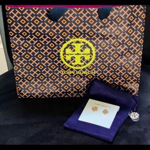 NWT Tory Burch Stud Gold Milgrain Logo Earrings